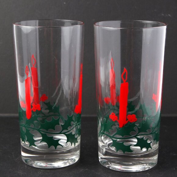 Vintage Daytons Christmas Drink Glasses Tumbler Highball Candle Holly Red Green - Picture 2 of 9
